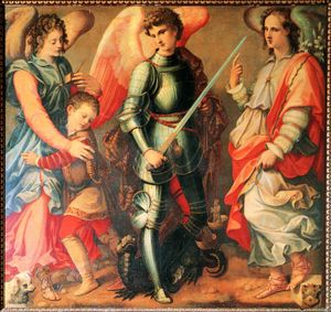 미켈레 토시니, 대천사 라파엘, 미카엘, 가브리엘. 가톨릭 미술에서 그들의 속성을 보여주고 있다.