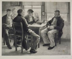 나무 테이블에 앉아 있는 다섯 명의 조종사