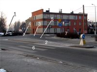 회전교차로를 구성하는 요소1. 중앙섬, 2. 분리대, 3. 환도, 4. 에이프런, 5. 정지선, 6. 횡단보도, 7. 조경