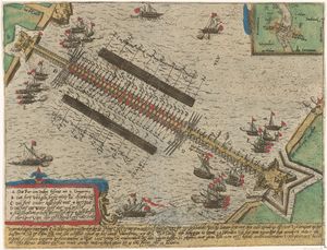 1584년 배로 건설된 쉘트 강 위의 파르마의 다리. 1616년 삽화