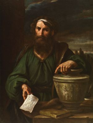 에피쿠로스는 아고스티노 스킬라가 1670–1680년경에 그린 그림이다. 철학자는 "무슨 일을 하든, 현명하게 하고 결과를 생각하라"라고 적힌 텍스트를 들고 있다.