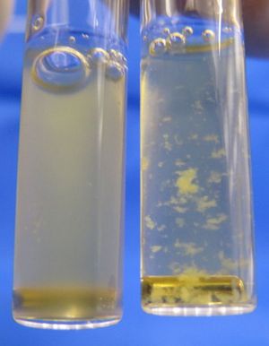 혈소판의 응집. 혈소판이 풍부한 인간 혈장(왼쪽 바이알)은 탁한 액체이다. ADP를 첨가하면 혈소판이 활성화되고 응집되기 시작하여 흰색 플레이크(오른쪽 바이알)를 형성한다.