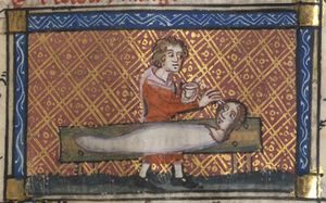 14세기 피그말리온 이야기 필사본 미니어처, 조각 작업 중