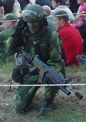 공개 전시회에서 M203이 장착된 Ak 5와 치아 보호대.