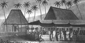 윌리엄 엘리스가 하와이에서 원주민들에게 설교하는 모습,