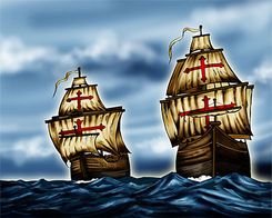 1646년 마닐라 해전에서 18척의 우수한 네덜란드 함대에 맞서기 위해 급히 전함으로 개조된 두 척의 마닐라 갤리온선인 엔카르나시온과 로사리오 (화가의 상상도)