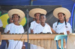 마림바 데 촌타(marimba de chonta)를 연주하는 아프로 콜롬비아(Afro-Colombian) 청소년