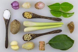 라원에 흔히 사용되는 향신료, 허브, 조미료: 설탕, 마늘, 쪽파, 켈루악/푸숭, 아따미, 고수, 후추, 레몬그라스, 생강, 켄쿠르, 갈랑갈, 야자당, 라임잎 및 월계수잎.