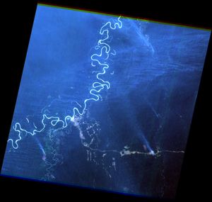 2019년 8월 16일 촬영된 브라질 국립우주연구소(INPE) 위성 영상. 아마조나스주의 카누타마와 라브레아 사이의 푸루스 강을 따라 약 110km² 지역의 산불로 인한 여러 개의 연기 기둥을 보여주며, 벌채된 지역도 포함되어 있다.