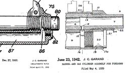 M1 개런드 특허도 발췌. 오른쪽이 신형, 왼쪽이 구형 가스 시스템. 신형에서도 가스 포트는 강선부 끝에 설치되어 있어, 총열 중간에 가로 구멍을 가공하는 것을 피하고 있다.