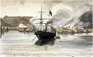 펭기란 유소프의 집과 포대를 향해 사격하는 HMS 빅센(Vixen)호