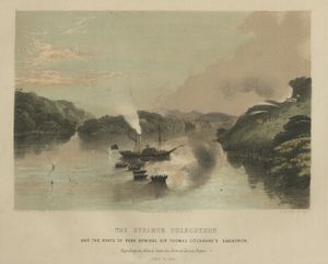 1846년 7월 8일 보르네오 본토의 요새들로부터의 공격을 격퇴하는 증기선 플레게톤호와 토마스 코크레인의 보트들