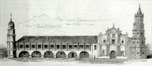 1863년 지진으로 시계탑이 무너지기 전 마롤로스 대성당(Malolos Cathedral)의 1863년 이전 석판 사진. 이곳은 델 필라르의 반수도회 활동 장소 중 하나였다.
