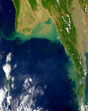 이라와디강으로 인한 녹조류와 실트 퇴적물이 북쪽에 보이는 안다만 해의 위성 이미지