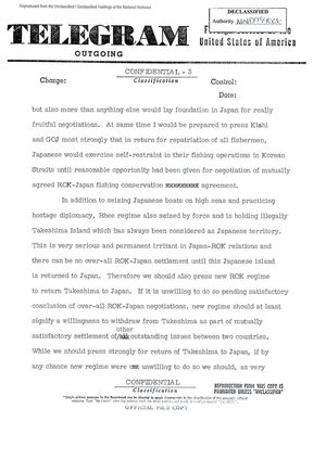  1960년 4월 27일, 이승만 대통령 사임 후 주일대사 더글러스 맥아더 2세가 한국 정부에 독도 반환을 촉구해야 한다는 내용으로 본국에 보낸 전문(3rd/4pages)