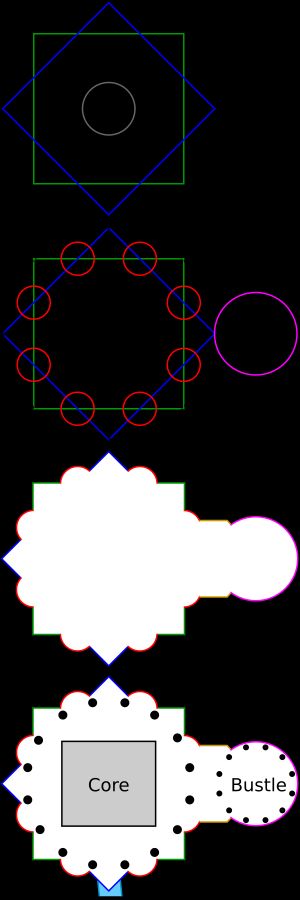 루브 알 히즈브 기호에서 페트로나스 트윈 타워 1 타워 43층 평면도의 개발 과정.