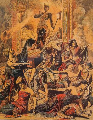 1849년 네덜란드군에 맞서 불렝의 라자가 400명의 추종자들과 함께 푸푸탄(집단 자살)을 하는 모습