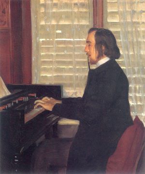 man in top hat, smoking a cigarette, seated at a musical keyboard