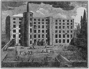 1824년 솔퍼드의 네이선 고프 방적 공장에서 발생한 심각한 사고를 묘사한 목판화