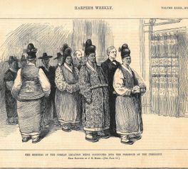 그로버 클리블랜드 대통령을 알현하기 위해 대기 중인 박정양(오른쪽 두 번째) 등 조선 공사관원들.