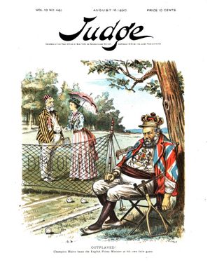 1890년 블레인이 영국 총리 솔즈베리 후작을 제압하는 모습을 그린 정치 풍자 만화