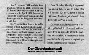1944년, 외국 방송 청취를 위해 라디오 수신기를 개조한 체코인들의 처형 공고