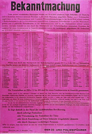 1943년 나치 당국이 폴란드에서 60명의 폴란드 인질을 처형하고 새로 잡은 40명의 인질 명단을 발표한 공고