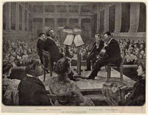 베를린 징아카데미에서 연주하는 요아힘 사중주단—펠릭스 포사르트(Felix Possart) 그림 기반 판화, Zeitschrift der Internationalen Musikgesellschaft 4/5(1903) 별지.