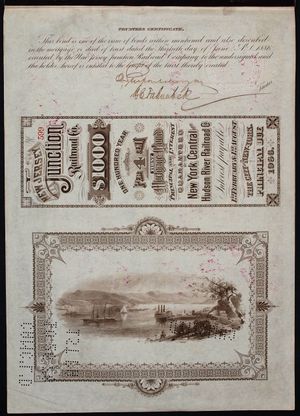 1886년 6월 30일 발행된 뉴저지 정션 철도 회사 채권 뒷면. 존 피어폰트 모건과 해리스 C. 파네스톡의 서명이 담겨 있다.