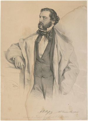 바리톤 아킬레 드 바시니(Achille De Bassini), 초연 당시 프란체스코 역. (석판화: 요제프 크리허버(Josef Kriehuber), 1854)