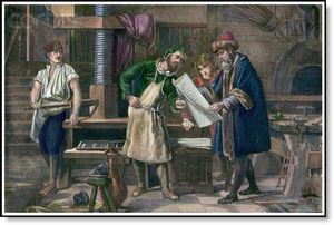 구텐베르크가 인쇄 견본을 검토하는 모습 (19세기에 제작된 채색 조각)
