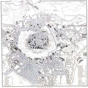 1858년 비엔나(독일어로는 Wien) 도시 계획. 링슈트라세 건설 이전의 상황과 내부 도시를 둘러싼 이전 도시 성벽과 글라시스의 위치를 보여준다.