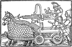 1552년 전쟁 기계 카탈로그인 De Rebus Bellicis의 삽화에서 갑옷을 입은 말들이 끄는 4륜 카로발리스타