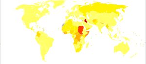 2004년 인구 10만 명당 전쟁으로 인한 장애 조정 생존 연수(DALY)