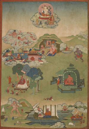 팔 대시드다(Mahasiddhas), 팔풍 사원. 가운데 동굴에 앉아 명상 본존 삼바라(Samvara)의 이미지를 응시하는 위대한 성취자 푸탈리파(Putalipa)의 모습과 왼쪽 아래 해골 지팡이(khaṭvāṅga)와 가죽 벗기는 칼(kartika)을 들고 있는 인물에 주목.