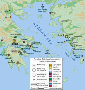 델포이(Delphi)(가운데 왼쪽)는 그리스 중부의 코린토스 만 북쪽에 위치한다