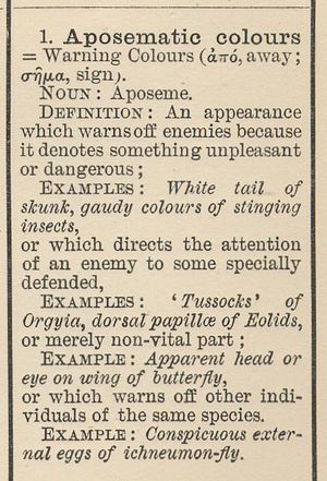 에드워드 배그널 폴턴의 1890년 저서 동물의 색깔 초판. '경계색'을 포함한 동물 색채에 대한 새로운 용어들을 제시하였다.
