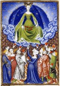 무지개 위에 앉아 하트를 바치는 숭배자들과 함께 있는 베누스의 중세 시대 묘사 (15세기)