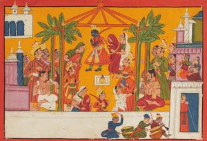 다샤라타의 네 아들과 시라드바자 자나카와 쿠샤드바자의 네 딸의 결혼. 라마와 시타, 락슈마나와 우르밀라, 바라타와 만다비, 샤트루그나와 슈루타키르티. 18세기 초 상그리 라마야나의 삽화. 국립 박물관, 뉴델리