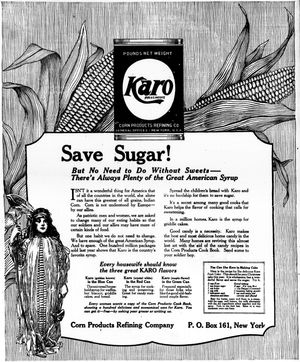 1917년 카로 광고는 전쟁 시 설탕 대체품으로 옥수수 시럽을 권장한다.