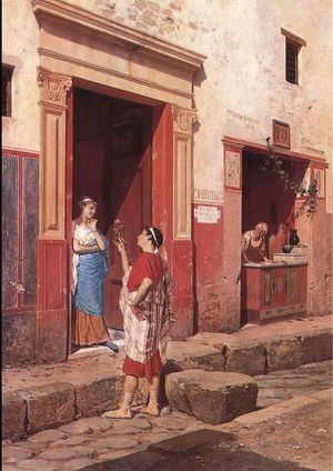 1927년 이전에 루이지 바자니가 그린 폼페이 거리 풍경. 로마 시대의 도무스 입구 옆에 있는 타베르나를 묘사함.