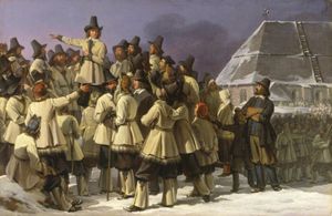 구스타브 바사가 달라나에서 혁명을 시작하다. 스웨덴 독립 전쟁 이후 스웨덴은 126년간 덴마크가 지배했던 칼마르 동맹에서 벗어나 1523년에 자유 국가가 되었다. 요한 구스타프 산드베르그의 그림, 1836년