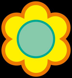 밝은 파란색 중심과 주황색 윤곽선이 있는 노란색 꽃