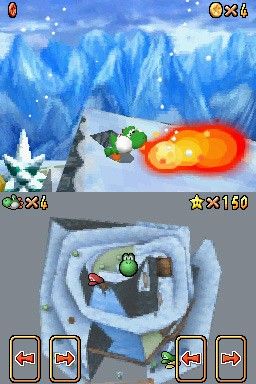 상단:: 요시가 파워 플라워 아이템을 사용하여 불을 뿜는 모습.하단:: "시원시원 산" 레벨의 캐릭터 위치와 특별한 모자를 표시하는 오버헤드 맵.