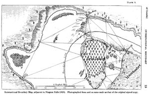 1819년 국제 경계 위원회 지도에서 호스슈 폭포를 가로지르는 국경선. 고트섬은 아이리스섬으로 표시되어 있다.