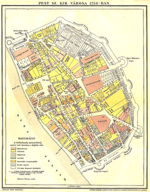 1830년에 출판된 1758년 페슈트 지도. 도시 외곽에는 오늘날 키슈쾨루트의 거울인 시골길이 있었는데, 1880년에 완공되었으며, 데아크 페렌츠 광장과 포바움 광장 지하철역 사이의 원형 아크를 형성한다.