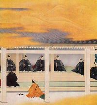 세이토쿠기념회화관 벽화 『립친왕선하(立親王宣下)』(화가 하시모토 에이호, 미쓰비시 합자회사 봉납 작품). 내대신 니조 나리유키가 '무쓰히토(睦仁)'라는 이름이 적힌 서류를 전달하고 있다.