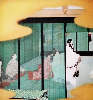 세이토쿠기념회화관 벽화 『고후카소기(御深曽木)』(화가 기타노 츠네토미, 코노이케 가문 봉납 작품). 좌대신 이치조 타다카가 사치노미야의 관자놀이 머리(鬢髪)를 정리하고 있다.