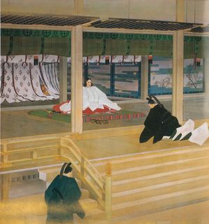 세이토쿠 기념 회화관 벽화 『즉위』(가와사키 고토라 그림, 이케다 노리마사 후작 봉납). 무쓰히토 친왕이 즉위하여 신임 천황으로서 니조 나리유키(오른쪽 앞)를 셋쇼로 임명하는 장면. 이때 세이료덴에는 고메이 천황의 유해가 안치되어 있었기 때문에 임시 세이료덴으로 고고쇼에서 황위 계승 의식이 거행되었다.