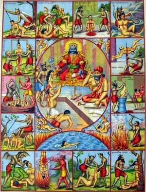 야마는 죽음과 정의의 신으로, 왕좌에 앉아 죽은 자를 심판한다. 야마의 오른편에는 치트라굽타가 앉아 모든 인간의 행적을 기록하고, 왼편에는 악마가 서 있다.